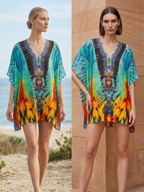 New Camilla Franks 100% Silk Kaftan Coverup In Flightful
